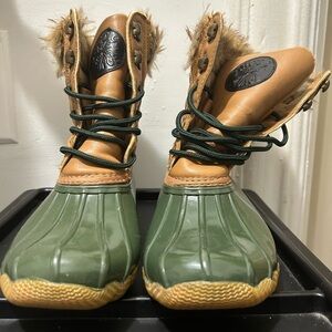 Green and Tan Duck Boots with Fur Trim